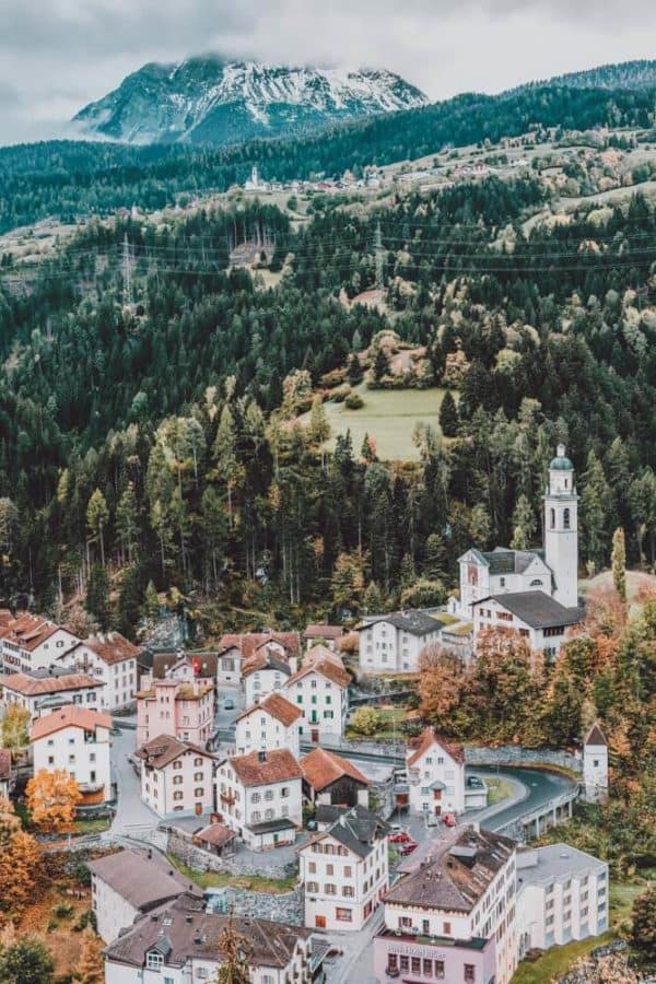 Tiefencastel Village in Switzerland. The 15 Prettiest Towns in Switzerland. If you are planning a road trip through Switzerland you HAVE to visit these 15 top places in Switzerland. They are incredible! See 14 others on www.avenlylane.com #avenlylanetravel #avenlylane #travelinspiration #travel #beautifulplaces #europe #switzerland