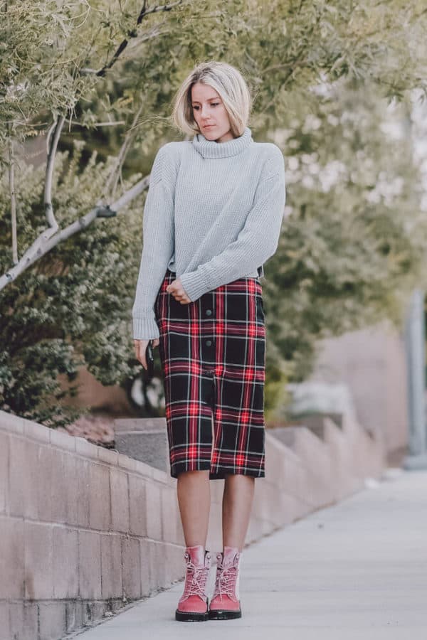 The Perfect Sweater, Plaid Dress and Boots Combo