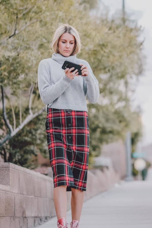 The Perfect Sweater, Plaid Dress and Boots Combo