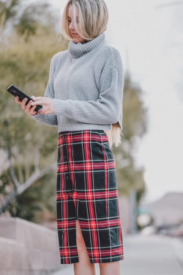 The Perfect Sweater, Plaid Dress and Boots Combo