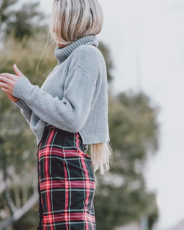 The Perfect Sweater, Plaid Dress and Boots Combo