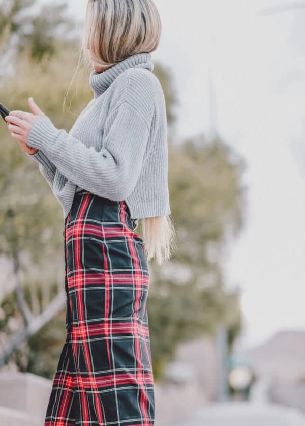 The Perfect Sweater, Plaid Dress and Boots Combo