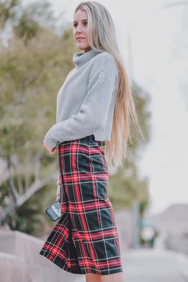 The Perfect Sweater, Plaid Dress and Boots Combo