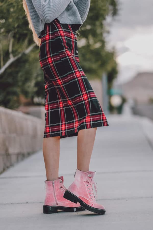 The Perfect Sweater, Plaid Dress and Boots Combo