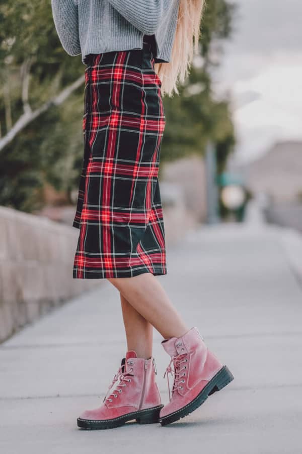 The Perfect Sweater, Plaid Dress and Boots Combo