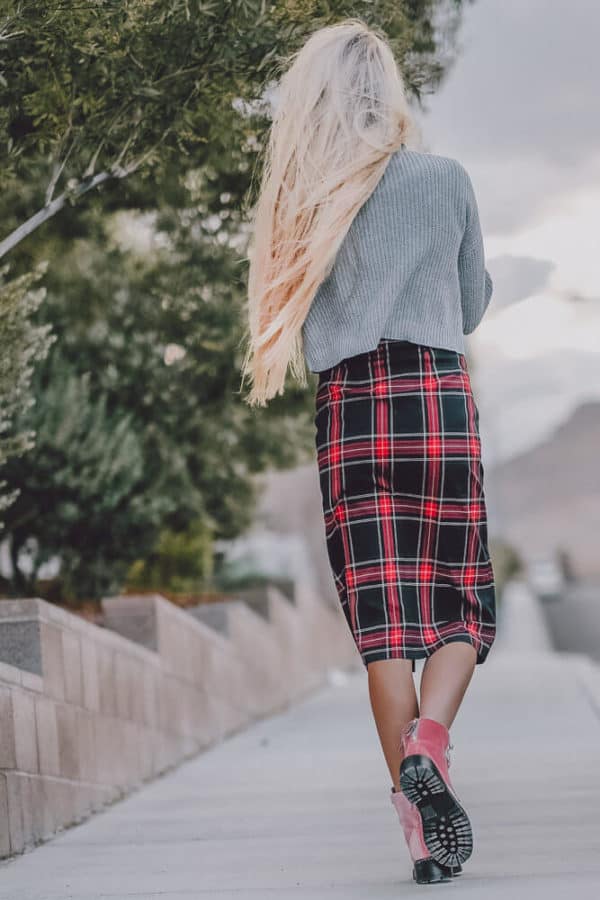 The Perfect Sweater, Plaid Dress and Boots Combo