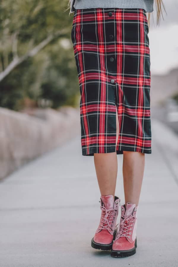 The Perfect Sweater, Plaid Dress and Boots Combo