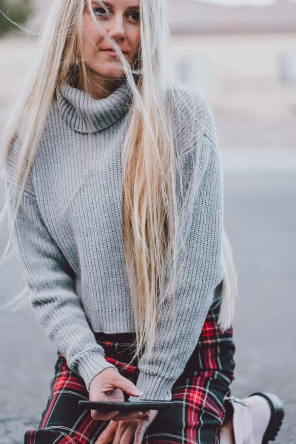 The Perfect Sweater, Plaid Dress and Boots Combo