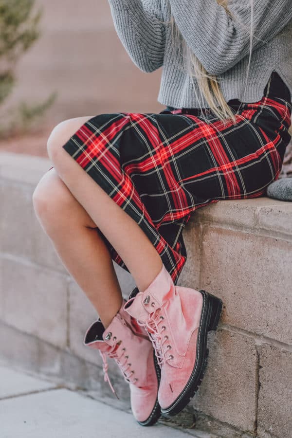 The Perfect Sweater, Plaid Dress and Boots Combo